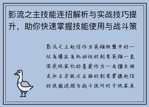 影流之主技能连招解析与实战技巧提升，助你快速掌握技能使用与战斗策略